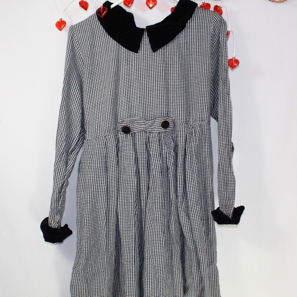 vintage black & white hounds tooth plaid long sleeve dress velvet collar medium - Picture 3 of 8